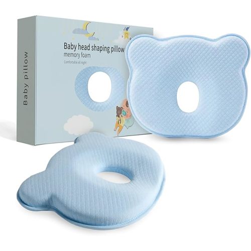 Soft and Breathable Baby Pillow with Memory Foam and Bear Design (Blue)