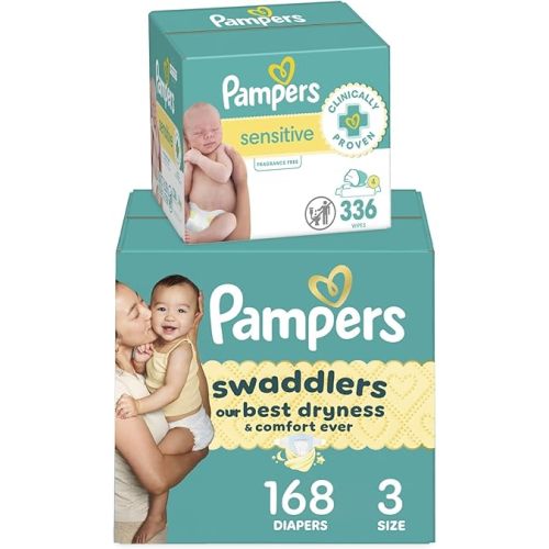Diapers Size 3, 168 Count and Baby Wipes - Pampers Swaddlers Disposable Baby Diapers and Water Baby Wipes Sensitive Pop-Top Packs, 336 Count (Packaging May Vary)