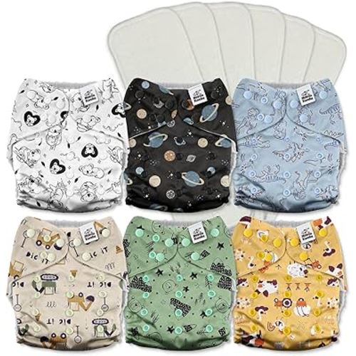 Mama Koala 3.0 Cloth Diapers for Babies with AWJ Lining, 6 Pack with 6 5-Layer Natural Cloth Diaper Inserts - Reusable and Washable Pocket Diapers(A-Dinosaurs and Farm)