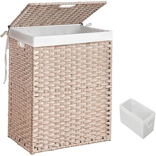 HYCHIKA Laundry Hamper with Lid and Wheels, 26.4 Gallon (100 L) Wicker Laundry Basket with Removable Bags and Handles, Woven Clothes Basket for Bedroom, Bathroom (18.3" * 13.5" * 24")