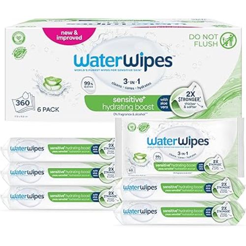 WaterWipes Sensitive+ Hydrating Boost Wipes, 3-In-1 Cleans, Cares, Hydrates, 99% Water with Aloe Vera, Unscented & Hypoallergenic Baby Wipes, 360 Count (6 Packs)