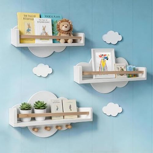 Cloud Floating Shelves Nursery Set of 3, Wall Mounted Kids Bookshelf with Hooks, Solid Pine Rail, Decorative Mini Clouds, Toddler & Nursery Wall Decor