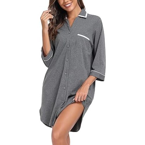 COLORFULLEAF 100% Cotton Nightgowns for Women 3/4 Sleeve Sleep Shirt Button Down Soft Sleepwear Night Dress S-XXL