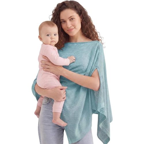 PATPAT Mesh Nursing Cover, Breathable Solid Knit Poncho, Dusty Blue