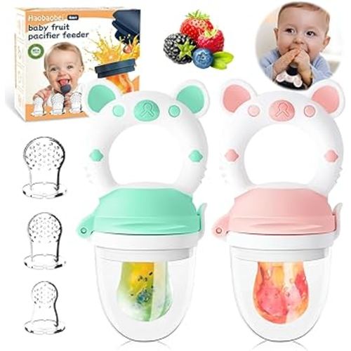 Baby Fruit Feeder with with 2 Extra Teats, Toddler Eating Essentials, BPAFree Feeding Supplies, Silicone Fresh Food Feeder for Safe Infant Self Feeding (Bear- Blue Pink)