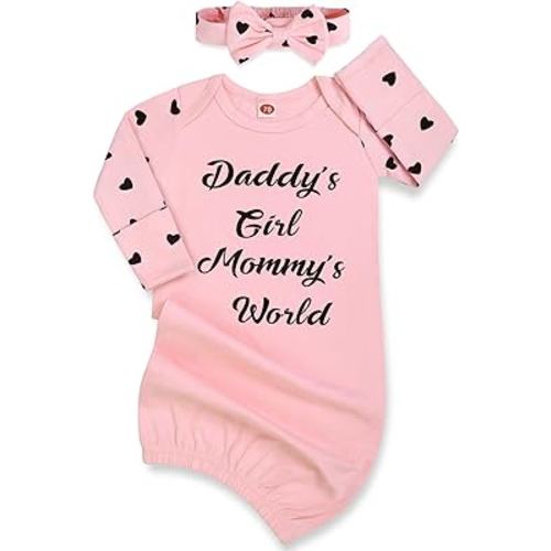 Newborn Baby Girl Gown 0-6 Months, Baby Girl Nightgowns, Babies Girls Gift, Little Sister Newborn Outfit and Coming Home Outfits with Headband Set Pink