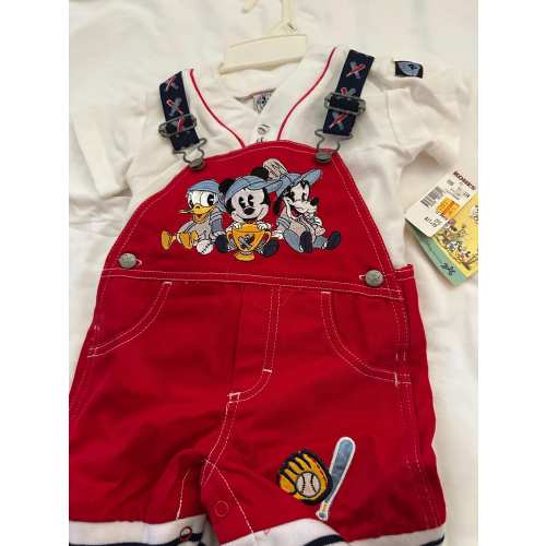 Vintage 90s Disney Babies Mickey Mouse Baseball Shortall Outfit NWT 12M, Deadstock Baby Mickey Donald Goofy Sports Overalls Two Piece Set