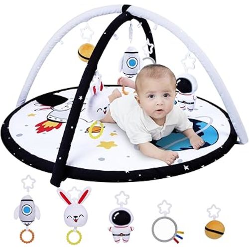Lovvie & Joy Baby Play Activity Gym Tummy Time Mat for Newborn Infant,Baby Gyms & Playmats for Babies 0-6 9 12 Months with 5 Toys for Early Sensory Exploration and Motor Skill Development Space