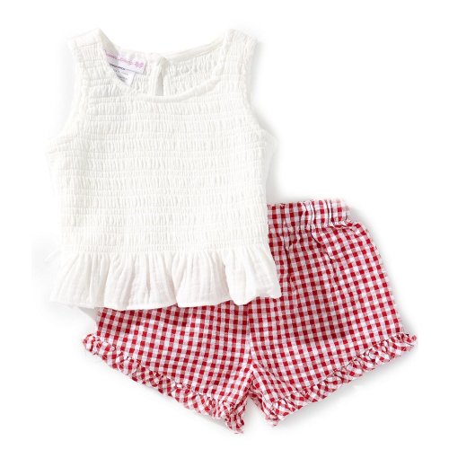 Bonnie Jean Baby Girls Sleeveless Smocked Patterned Tank Top & Gingham-Printed Shorts Set