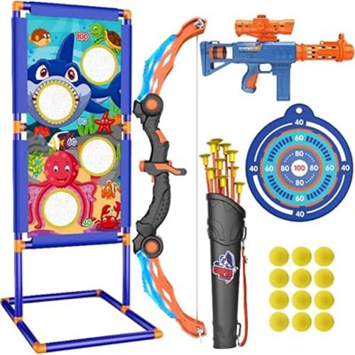 KKONES Kids Bow and Arrow Set, 2 in 1 Shooting Game with LED Light Up Archery Toy, Foam Balls, Suction Cup Arrows, Target, Quiver, Indoor Outdoor Toys for Kids Boys Girls Gifts