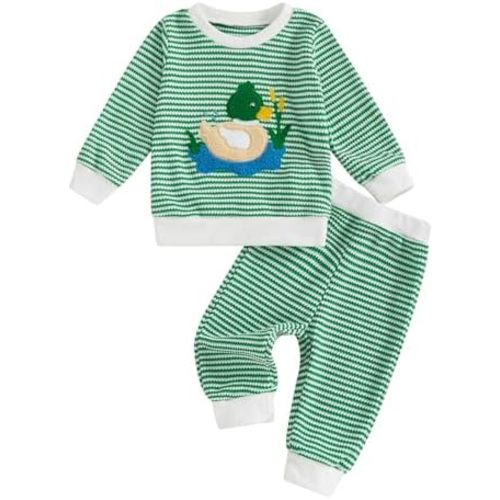 ZAXARRA Toddler Baby Boy Fall Outfit Duck Embroidery Stripe Sweatshirt Tops Long Pants Set Infant Warm Clothes