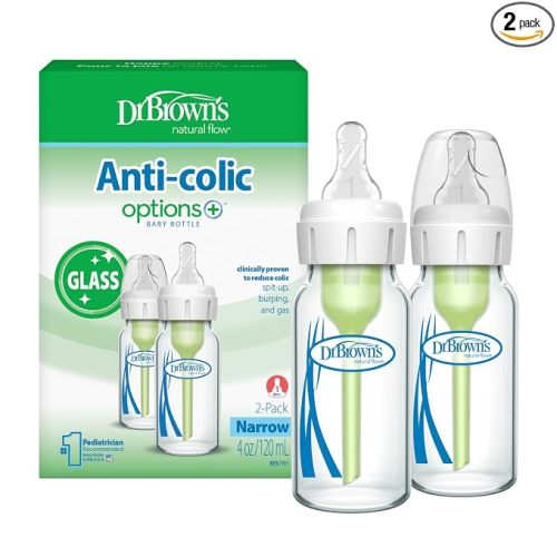 Dr. Brown's Anti-Colic Options+ Narrow Glass Baby Bottle with Level 1 Slow Flow Nipple, BPA-Free, 4 oz/120mL, 0m+, 2-Pack (Packaging May Vary)