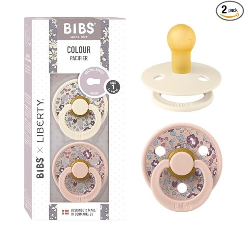 BiBS Liberty Pacifier 2-Pack, BPA Free Pacfiers with Natural Latex Round Nipple, Made in Scandinavia, Size 1 (0-6 Months), Eloise Blush