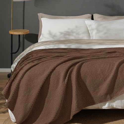 PHF Pre-Washed 100% Cotton Waffle Weave Blanket Queen Size for Bed,Snag Proof Throw Blanket for Couch Spring Summer Lightweight Breathable,Machine Washable, Home Decor Gift - Cappuccino