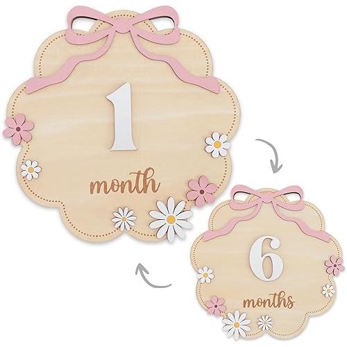 Wooden Baby Monthly Milestone Sign Set with Pink Bow, 1–12 Month Cloud Shape Photo Prop, Floral Baby Girl Growth Tracker Nursery Decor (Light Pink)