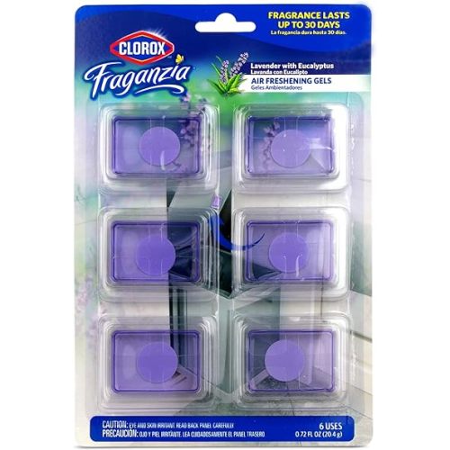 Clorox Fraganzia Stick-On Gel Fresheners, Lavender with Eucalyptus Trash Can Deodorizer Up to 30 Days Scent, Odor Absorber for Kitchen, Bathroom, Closet, No Plug or Batteries, 0.12 Fl Oz, 6 Count
