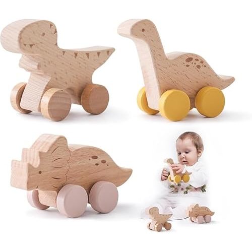 Wooden Dinosaur Cars Montessori Toys for Babies Baby Push Car Toys Wooden Vehicles Development and Infant Grasping (3PCS)