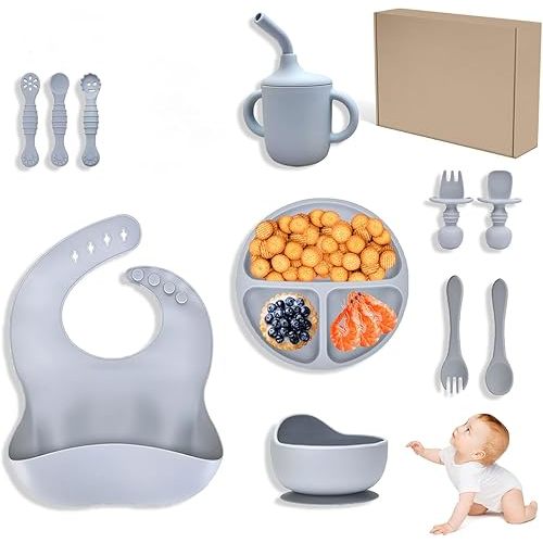 11PCS Baby Led Weaning Set – Silicone Plates, Bowls, Straw Cup, Utensils & Bib with Suction Base for 6+ Months (Blue Gray)