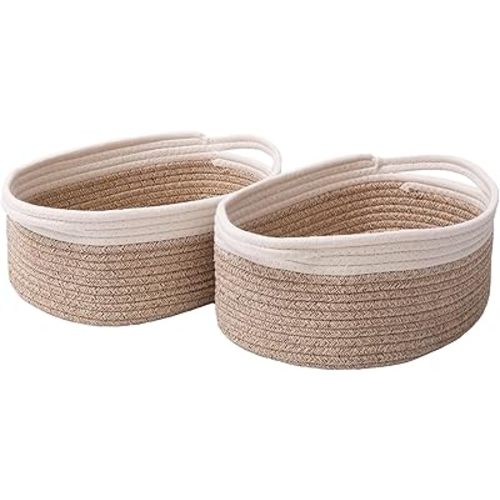 JMvicyroam Woven Basket,Small Rope Storage Bin with Handles & Ribbon Bag, Organizer for Shelves Closets,Gift Basket Empty for Birthday,Books,Dog Toys, White&Oatmeal/2 Pack
