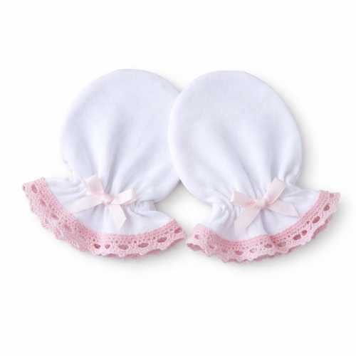 Cotton Baby Mittens: Pink Lace, Pink Satin Bow, Anti-Scratch (0-6 Months)