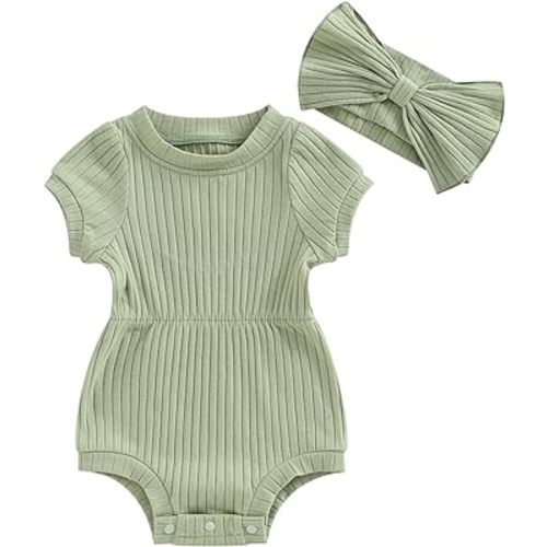 Newborn Baby Girls Romper Jumpsuit Infant Girl Summer Bodysuits Ribbed Short Sleeve One-Piece Headband