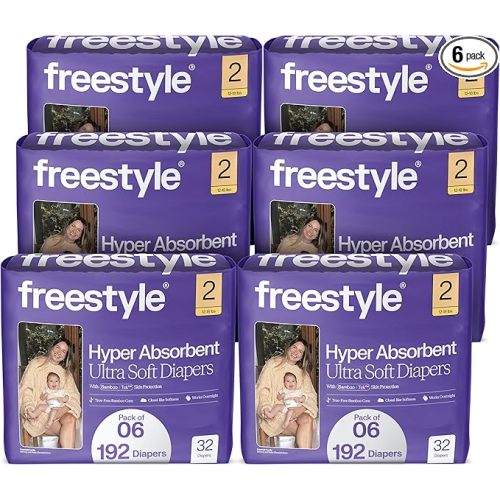 EWG Verified Freestyle BambooTek Diapers – (Size 2) Hyper Absorbent & Non-Toxic – Disposable Diapers for Sensitive Skin – Ultra Soft Diapers (12-18 lbs) – 192 Count