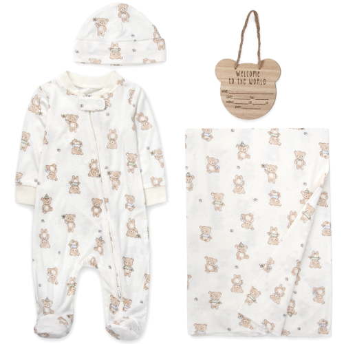 Baby Essentials 3 Months Newborn Boys Romper Footie Gift Set with Hat, Blanket & Wooden "Welcome to the World" Announcement Sign in Teddy Bear Brown