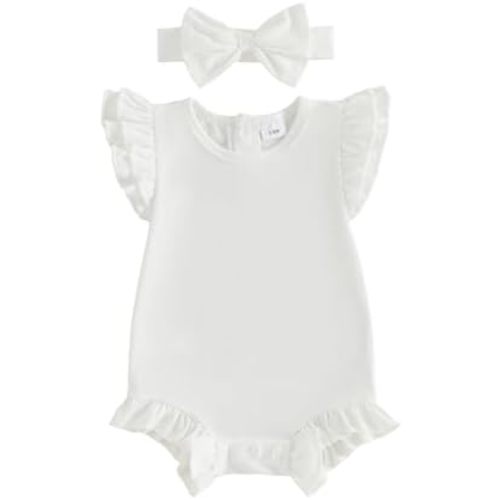 Newborn Baby Girl Romper Ruffle Sleeveless Solid Color Cotton Bodysuit Basic Jumpsuit Summer Clothes And Headband