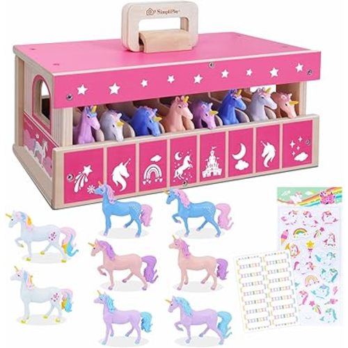 SIMPLIPLAY Unicorn Wooden Stable Playset, Portable Horses Toys Set with 8 Adorable Unicrons, 2 Stickers, Horse Stable with Metal Door Lock, Creativity Horse Gifts for Girls Boys Kids Unicorn Lovers
