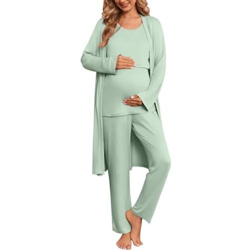 Ekouaer Nursing Pajamas Maternity Robe Set 3 Pieces Postpartum Maternity Pajama Set Pregnancy Breastfeeding Pj