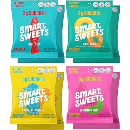 SmartSweets Variety Pack, 1.8oz (Pack of 8), Candy With Low Sugar & Calorie, Healthy Snacks For Kids & Adults - Sweet Fish, Sourmelon Bites, Peach Rings, Sour Blast Buddies