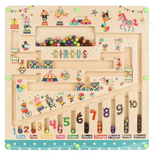 HTZPLOO Magnetic Color and Number Maze, Montessori Toys for 3+ Year Old, Wooden Puzzle Activity Board,Educational Color and Counting Matching Toys for Toddlers Kids Boys Girls