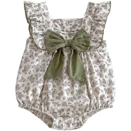 Baby Girl Floral Romper with Bow Cotton Bodysuit Flutter Sleeves Outfit for Newborn and Infant