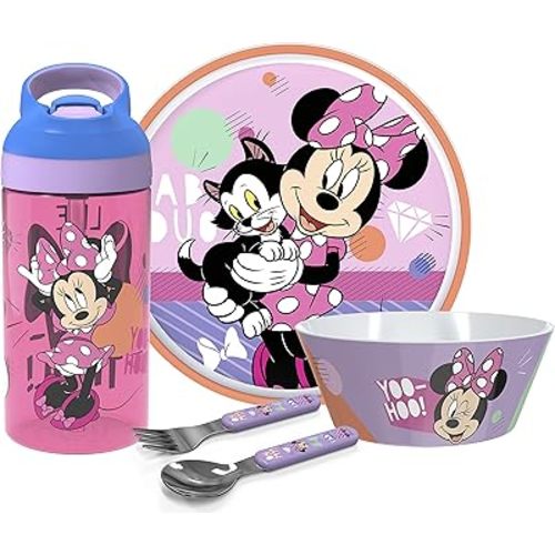 Zak Designs 5-Piece Dinnerware Set, Disney Minnie Mouse - Durable Plastic & Stainless Steel - Includes Water Bottle, 8-Inch Plate, 6-Inch Bowl, Fork & Spoon - Suitable for Kids Ages 3+
