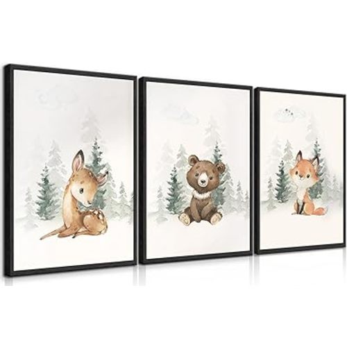 3Pcs Woodland Animal Nursery Wall Art Cute Forest Friend Animal Canvas Wall Decor Bear Fox Deer Posters Pictures Watercolor Wild Animals Forest Painting Prints for boys room girls room Unframed