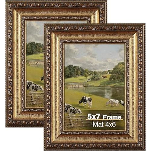 5x7 Gold Picture Frame, 2 Pack Ornate Vintage Picture Frames for Wall or Tabletop Display, 5x7 Photo Frame Gold with Real Glass, Display Poster 4x6 with Mat or 5x7 without Mat for Antique Déco