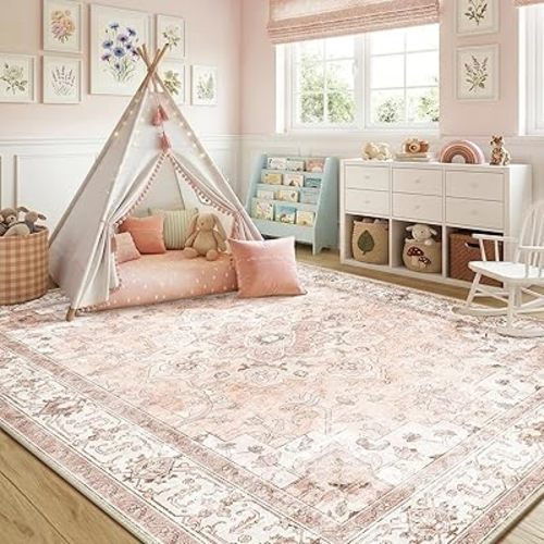 Machine Washable Rugs Nursery Rug 6x9 Cute Girl Non Slip Low Pile Water Repellent Soft Print Pattern for Bedroom Indoor Decor Kids Playroom Pink