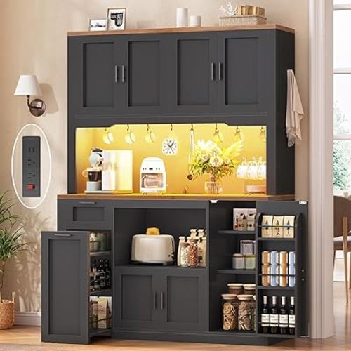 Itaar 71" Pantry Cabinet with Charging Station and LED Light, Kitchen Pantry Cabinet with Microwave Stand, 47.2" Wide Kitchen Storage Cabinets with Storage Cart 3 Tier for Dining Room, Black