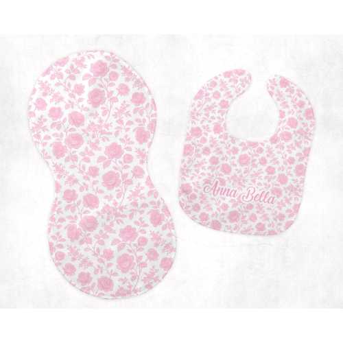 Pink Floral Bib and Burp Cloth, Personalized Roses Baby Girl Bib, Coquette Floral Peanut Cloth, Custom Baby Gift Set