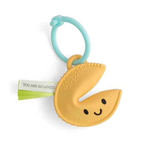 Itzy Ritzy Fortune Cookie Teether, Silicone Teething Toy (Fortune Cookie) | BPA-Free Soft Silicone Teether with Satin Sensory Ribbons, Textured Surfaces & Grip Ring for Teething Relief and Sensory Play