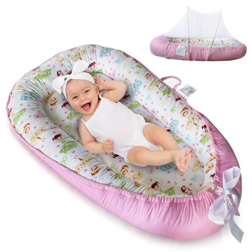 PIERRI Baby Lounger for Newborn with Detachable Mosquito Net - Ultra-Soft Cotton Snuggle Nest Lounger, Reversible Infant Lounger, Double-Sided Baby Nest, Infant Lounger, Baby Lounger for Newborn