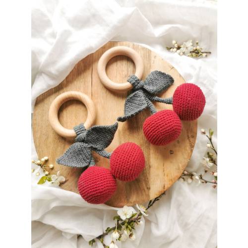 Crochet Rattle, Crochet Toy, Cherries, Cherry, Wooden Rattle, First Toy, Baby Shower Gift, Grzechotka, Rattling Toy, Gift for Baby, Cherries