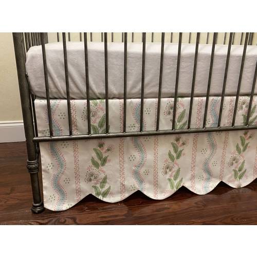 10 Colors Floral Stripes and Vines Scallop Edge Crib Skirt, Baby Boy, Baby Girl Crib Bedding, Blue, Green, Pink Crib Skirt