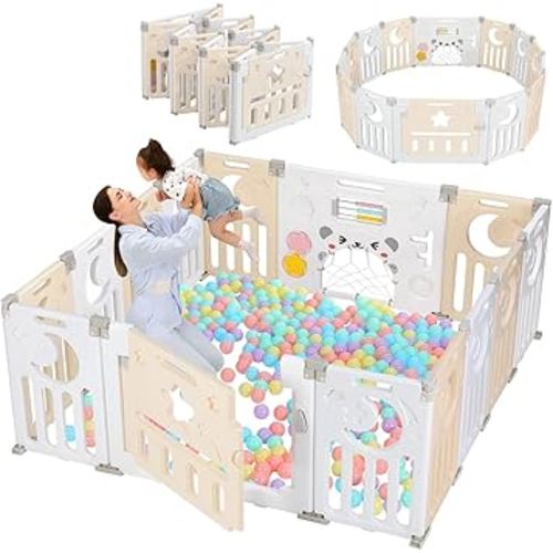 Baby Playpen, Dripex Baby Playard for Babies and Toddlers, 14-Panel Foldable Playpen Adjustable Portable Play Area, Indoor/Outdoor Kids Active Center with Game Panel & Safety Gate, Yellow White
