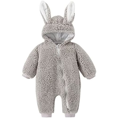 Newborn Baby Boy Girl Fleece Hooded Jumpsuit Cute Rabbit Ear Romper Zip up Coat Bunny Warm Thick Snowsuit Outfit