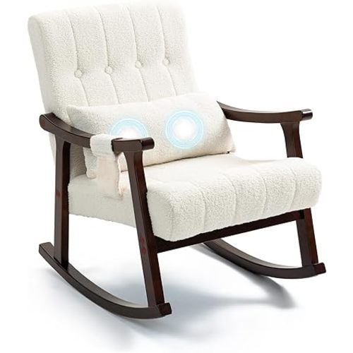 AVAWING Teddy Upholstered Rocking Chair, Small Glider Rocker with 2-Point Massage Lumbar Pillow and Solid Wood Legs, for Nursery and Living Room, White