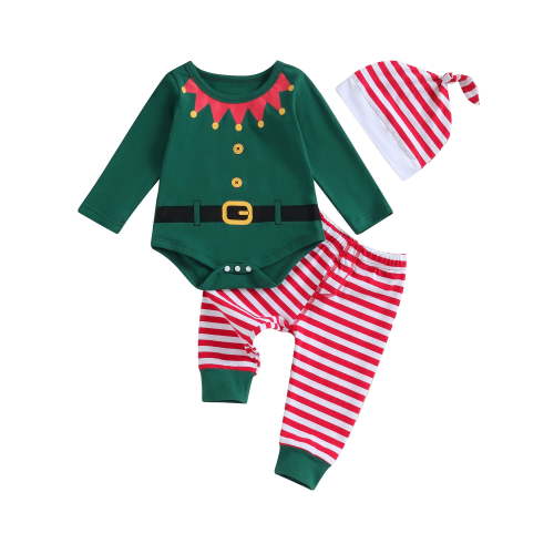 Wassery Baby Boy Girl Christmas Outfit Clothes Set 3 6 9 12 18 Months Newborn Boys Girl Long Sleeve Crew Neck Romper Striped Long Pants Hat 3PCS Infant Boy Girl Fall Outfits
