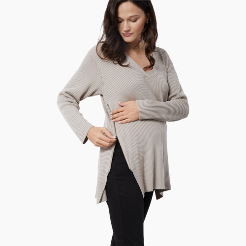 Ingrid and Isabel Side Zip Nursing Sweater - Beige, S
