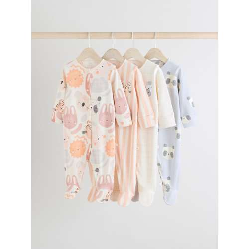 Multi Baby Animal Print 100% Cotton Sleepsuits 4 Pack (0mths-2yrs)
