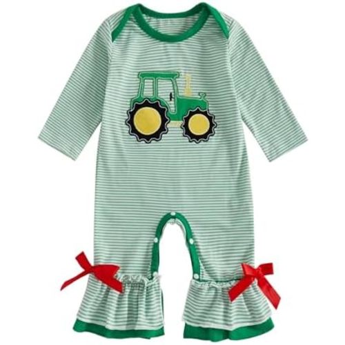 Newborn Baby Girl Fall Clothes Farm Tractor Striped Long Sleeve Jumpsuit Bow Bell Bottom Romper Overalls